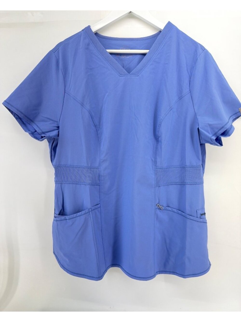 Cherokee Infinity Womens 3 Pocket Blue Scrubs Top Stretch Round Neck Size XL